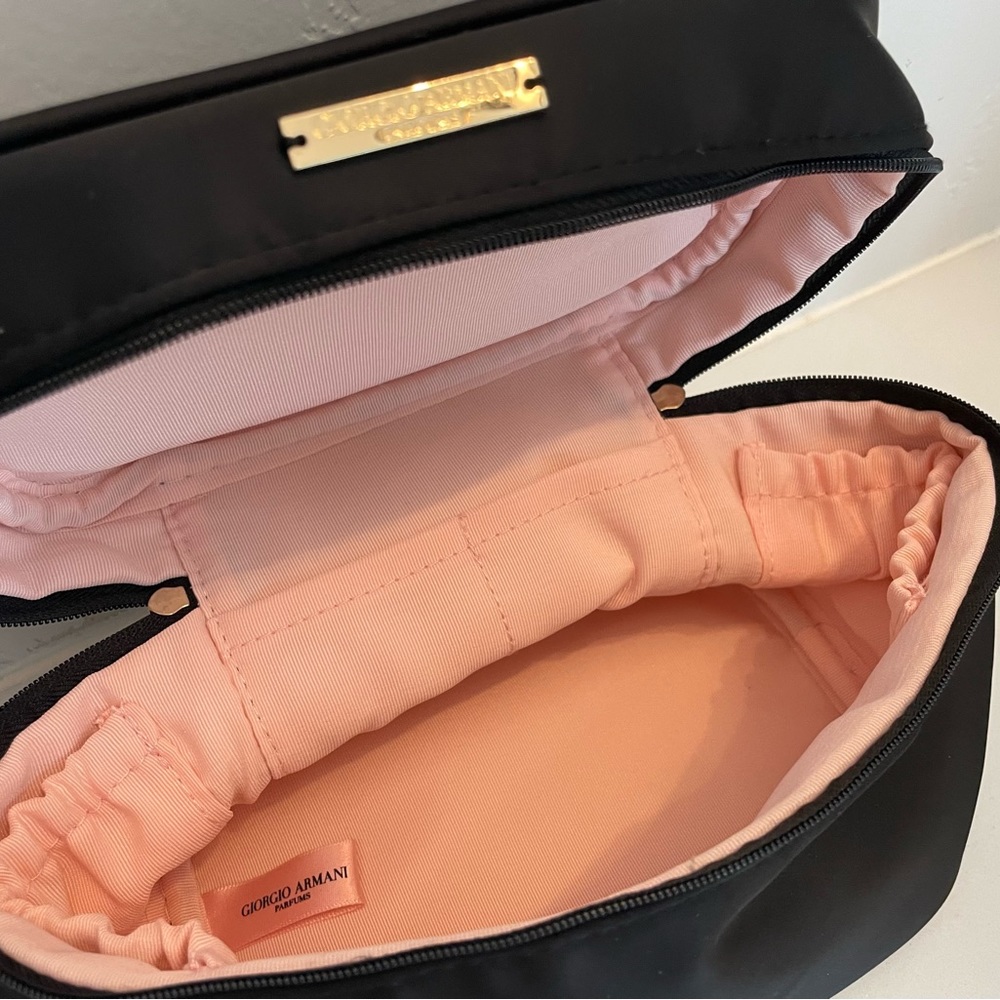 Giorgio Armani Black Train Soft Shell Makeup Bag, Pink Lining